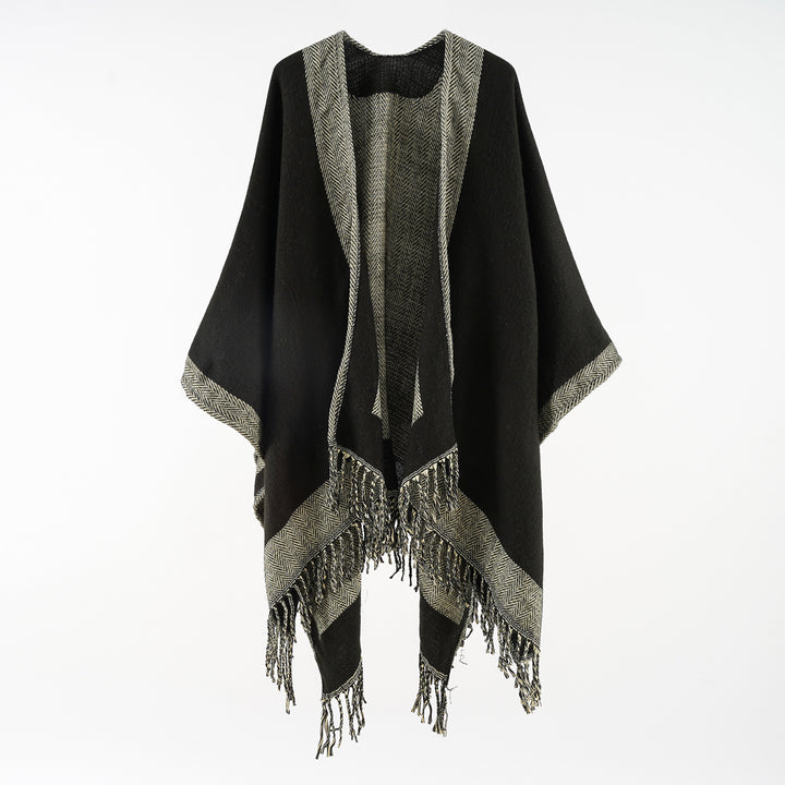 Damen Ruana‑Poncho mit Fransensaum und Fischgrät‑Webstruktur Drune
