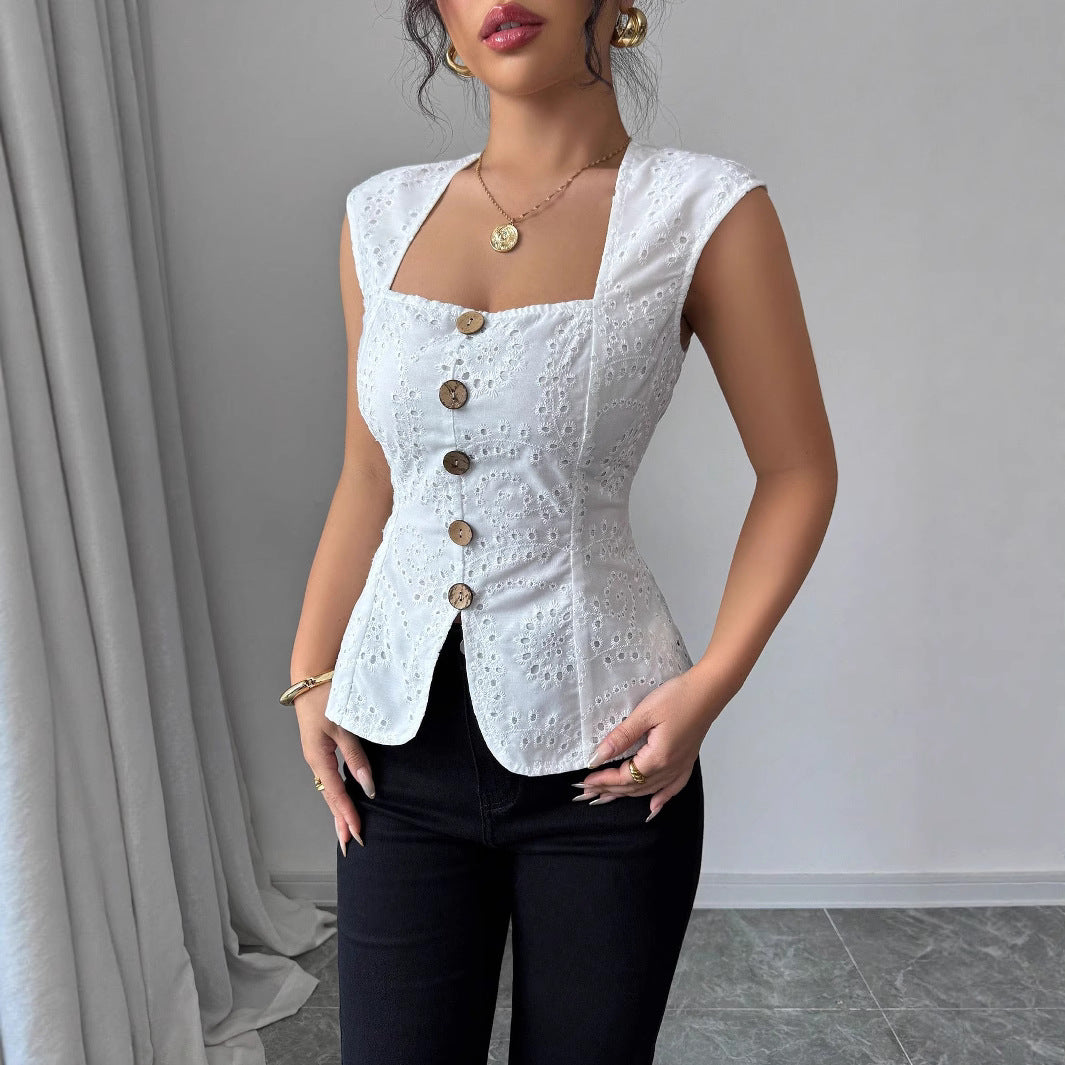 Damen Elegantes Oberteil mit Knopfdetails Drune