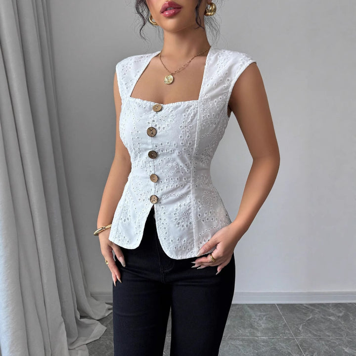 Damen Elegantes Oberteil mit Knopfdetails Drune
