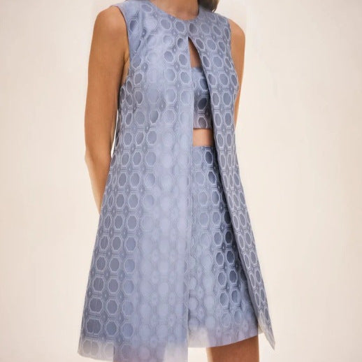 Damen nan Jacquard-Zweiteiler mit ärmelloser Longweste und tailliertem Bustier-Minikleid Drune