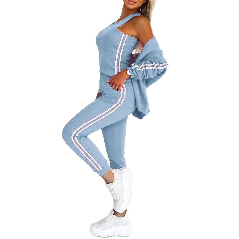 Damen nan sportliches Jogginganzug-Set mit Collegejacke, kurzes Top und slim-fit Jogginghose Drune
