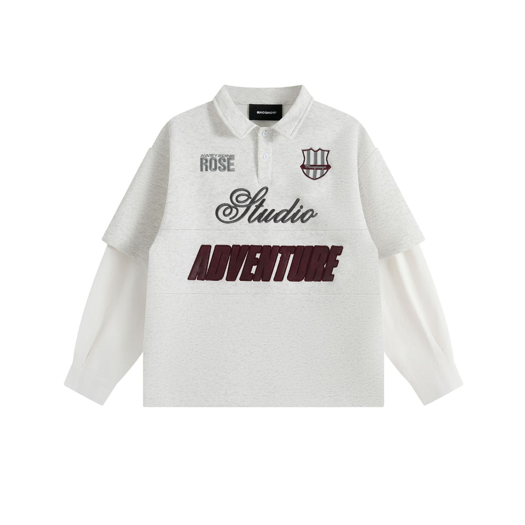 Damen Lagenlook-Sweatshirt mit Polokragen und aufgesetzten Stick-Patches Drune