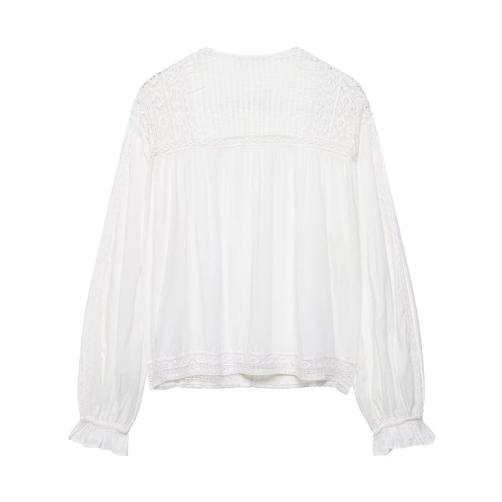 Damen Romantische Spitzenbluse mit Plisseefront, Spitzenpanelen und Ballonärmeln Drune