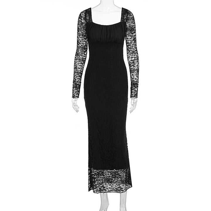 Damen elegantes Spitzenkleid mit langem Arm und figurbetontem Schnitt Drune