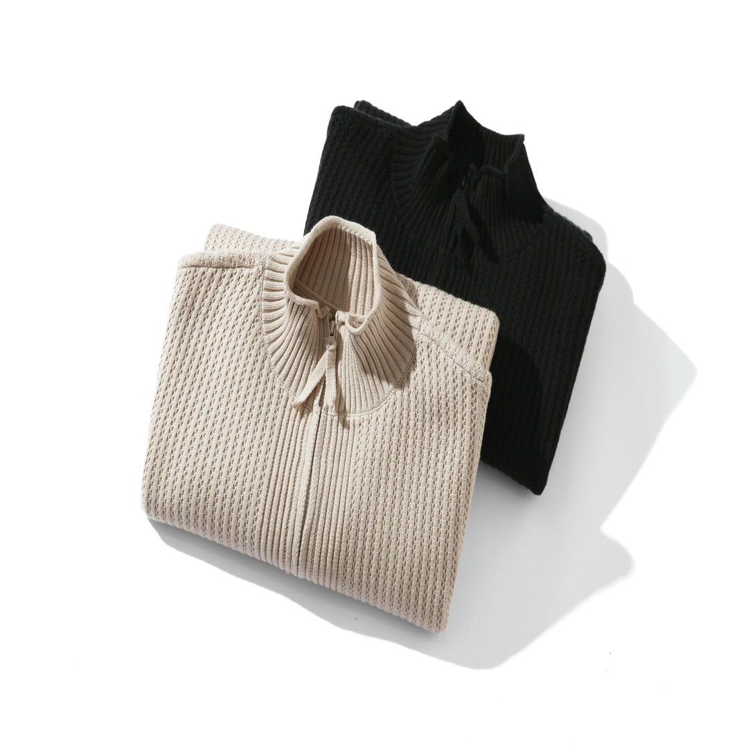 Unisex Strukturierter Zip-Pullover mit hohem Rippkragen und Perlmuster Drune