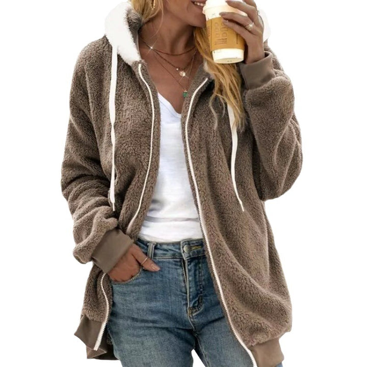 Damen Oversized Sherpa-Zipjacke mit Kontrastkragen, Rippbündchen und Kordelzug Drune