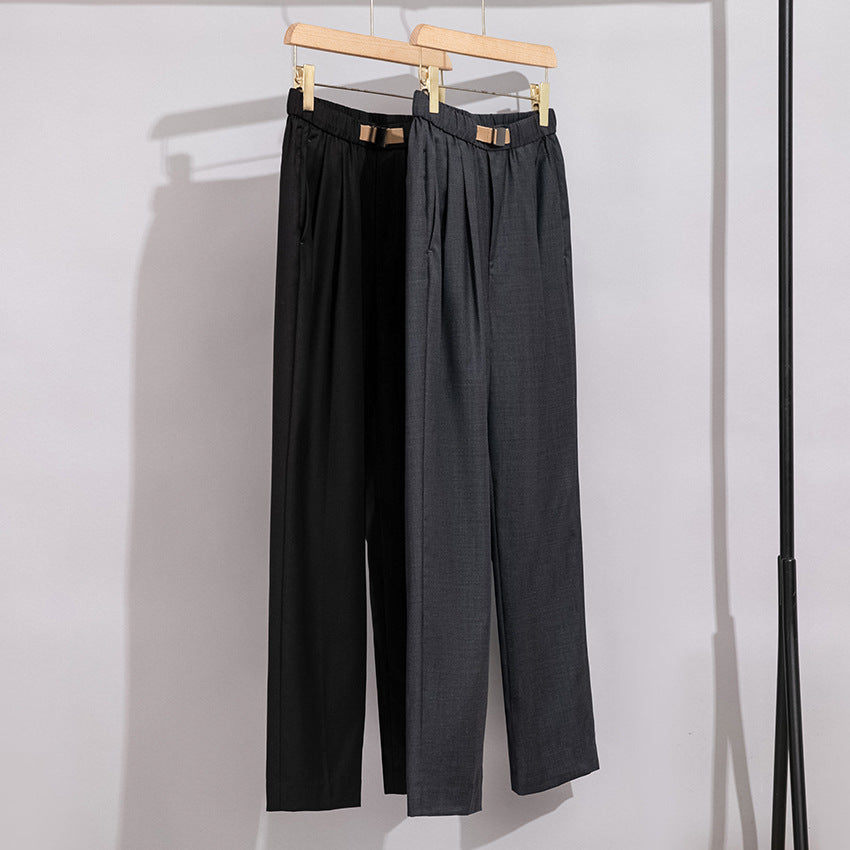 Damen Leichte Stoffhose mit elastischem Bund, Bundfalten und geradem Bein Drune