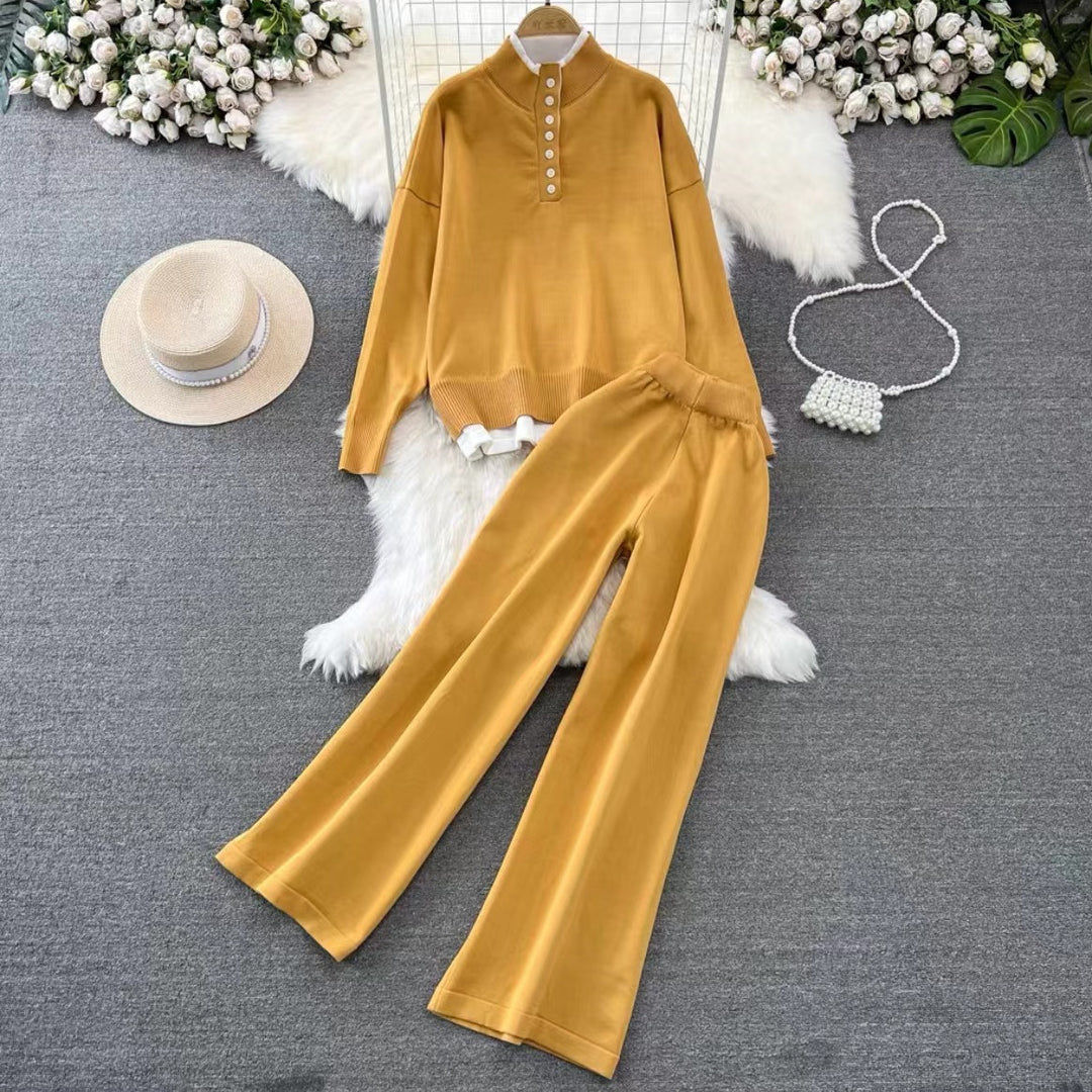 Damen Loungewear-Set mit hoher Rippstruktur und Knopfdetaillierung Drune