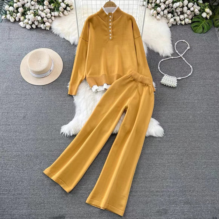 Damen Loungewear-Set mit hoher Rippstruktur und Knopfdetaillierung Drune
