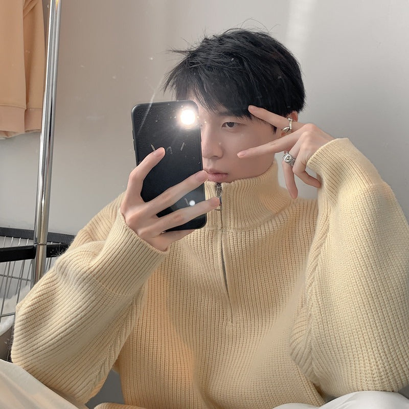 Herren Modischer Strickpullover mit hohem Kragen und Reißverschluss Drune