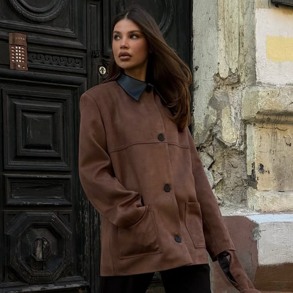 Damen oversized Kunstlederjacke mit schickem Kragen Drune