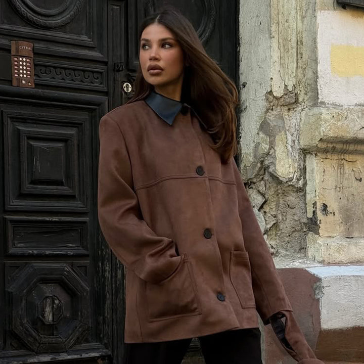 Damen oversized Kunstlederjacke mit schickem Kragen Drune