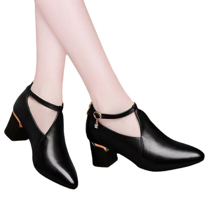 Damen nan spitz zulaufende Pumps mit Cut-Out, Knöchelriemchen, Fersenreißverschluss und mittelhohem Blockabsatz Drune