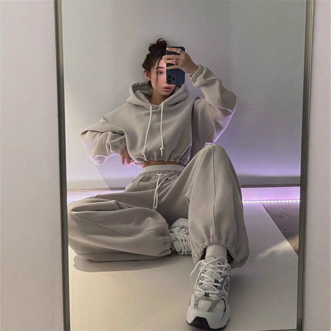 Damen Oversize-Hoodie und Jogginghose Set mit weichem Innenfutter, verstellbarer Kordel und hochgezogenem Bund Drune
