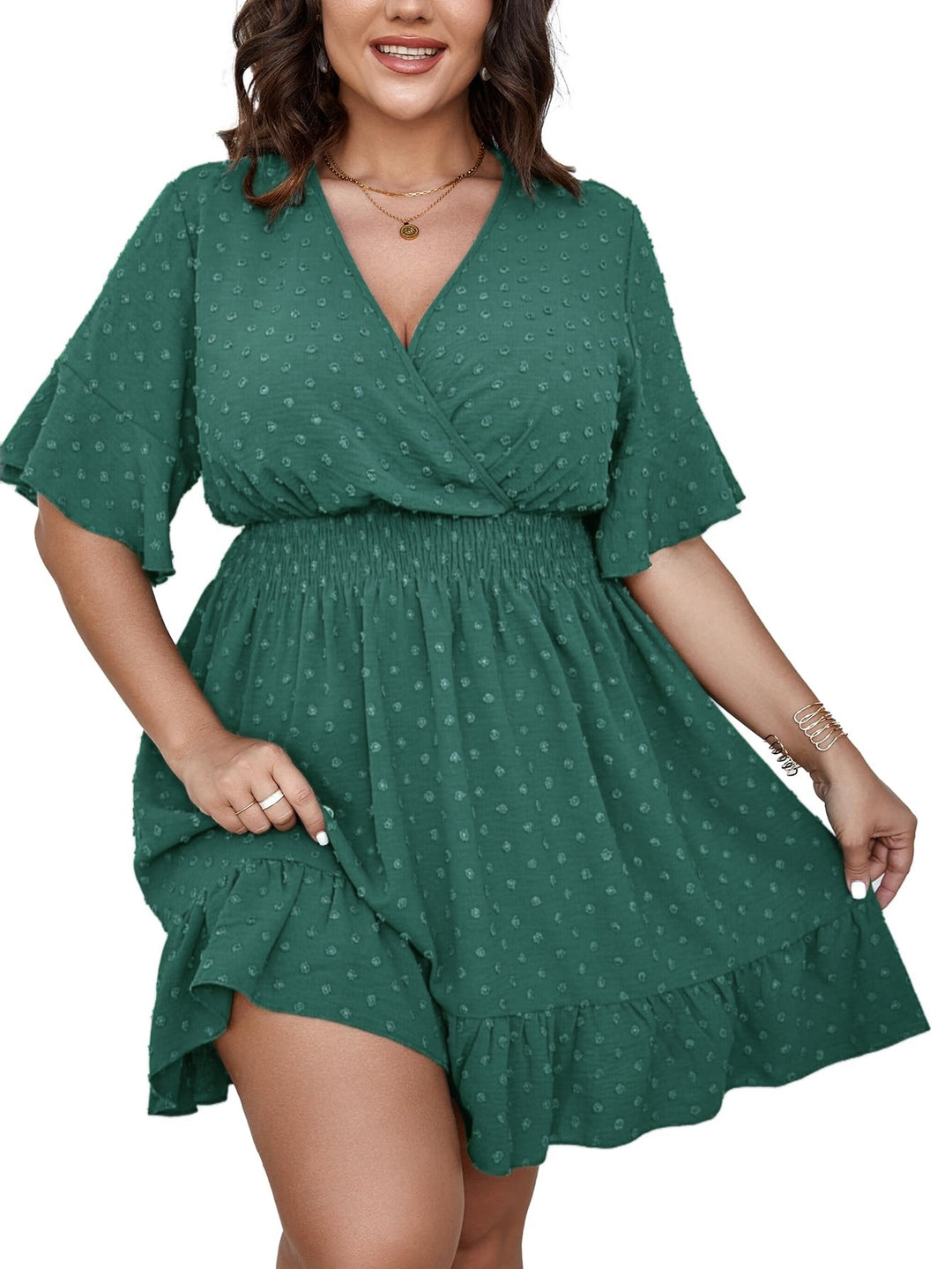 Damen Midikleid mit drapiertem V‑Ausschnitt, Smok-Taillenband und Volantstufen Drune