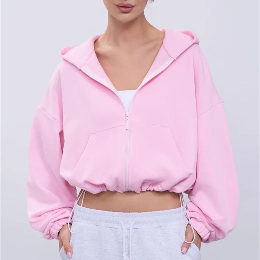 Damen legeres Cropped-Fleece-Hoodie mit Tunnelzugbund, Raglanärmeln und Reißverschluss Drune