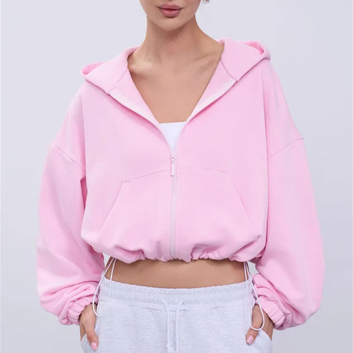 Damen legeres Cropped-Fleece-Hoodie mit Tunnelzugbund, Raglanärmeln und Reißverschluss Drune