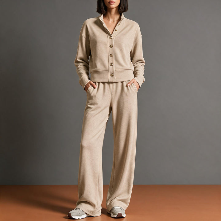 Damen Sweatjacke mit Druckknopfleiste, Stehkragen und weichem Lounge-Schnitt Drune