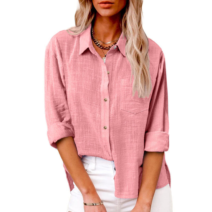 Damen nan oversized Leinen-Baumwollmix Hemdbluse mit Brusttasche und krempelbaren Ärmeln Drune