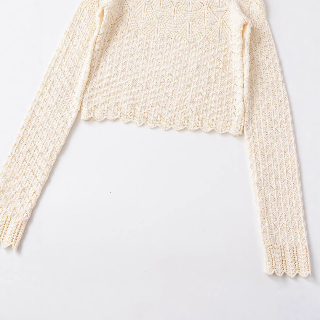 Damen nan gehäkelter Kurzpullover mit weitem Boot-Ausschnitt, feinem Lochstrickmuster und elastischem Bündchen Drune