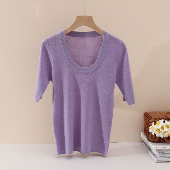 Damen Feines Feinstrick-Shirt mit tiefem Rundhals und dreiviertel Ärmeln Drune