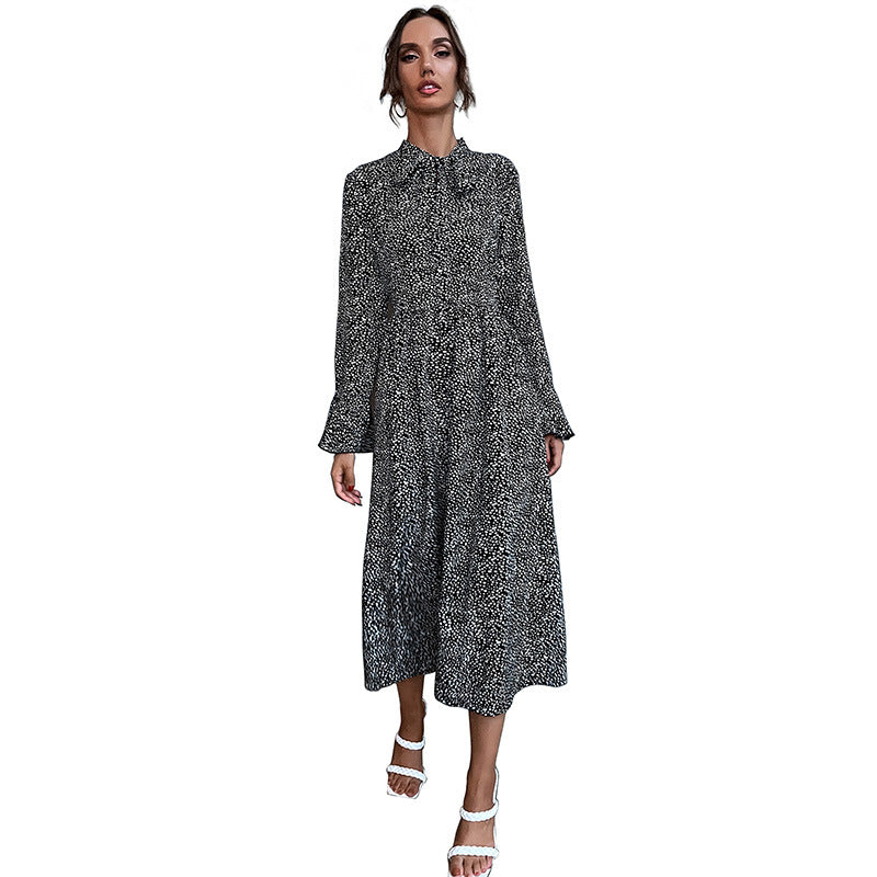 Damen Midikleid mit Stehkragen und Bindeschleife, Langarm A‑Linie mit feinem Pünktchenmuster Drune