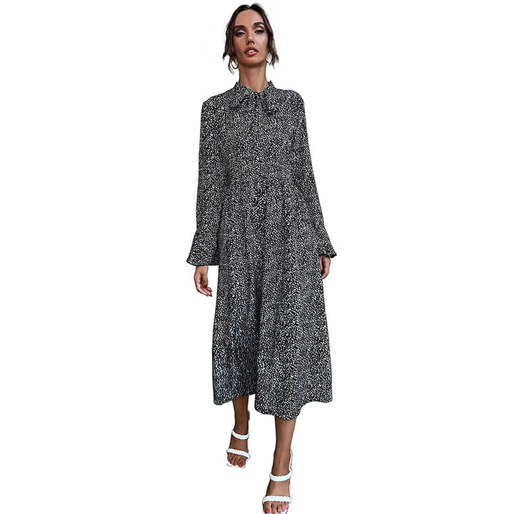 Damen Midikleid mit Stehkragen und Bindeschleife, Langarm A‑Linie mit feinem Pünktchenmuster Drune
