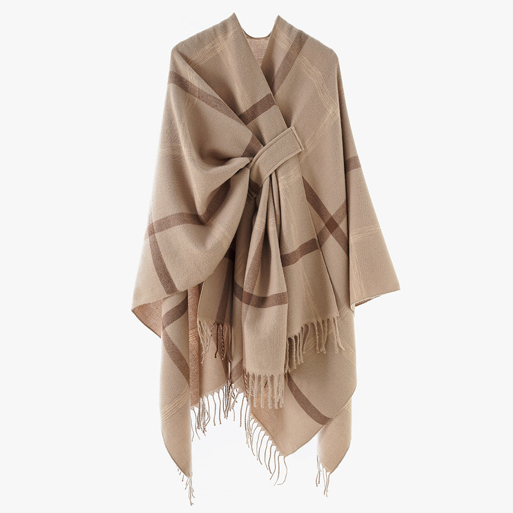 Damen Cape‑Poncho mit integriertem Bindegürtel, kastiger Oversize‑Silhouette und Fransensaum Drune