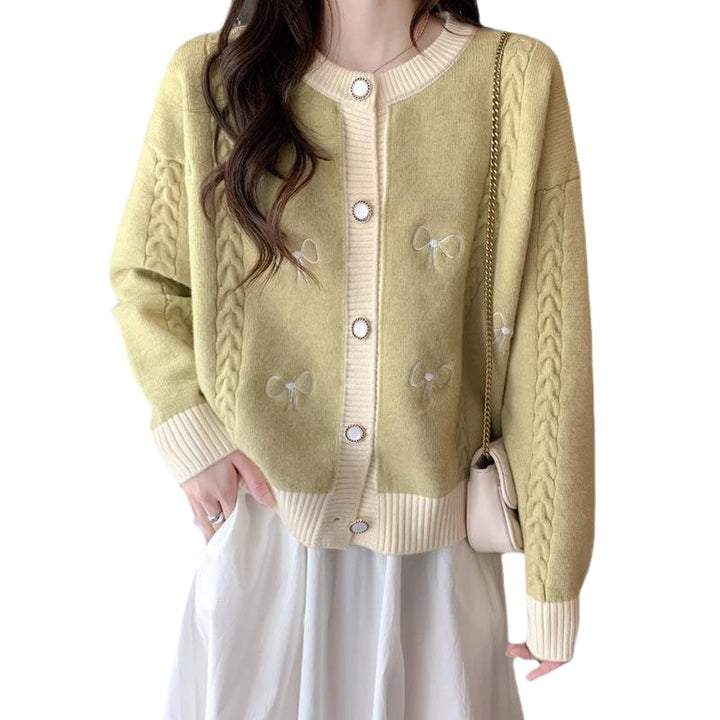Damen kuschelige Strickjacke mit Schleifenapplikationen und Zopfmuster Drune