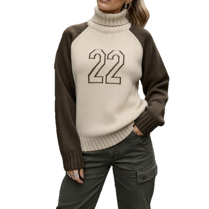 Damen Rollkragenpullover mit Raglanärmeln und Zahlen-Intarsia Drune