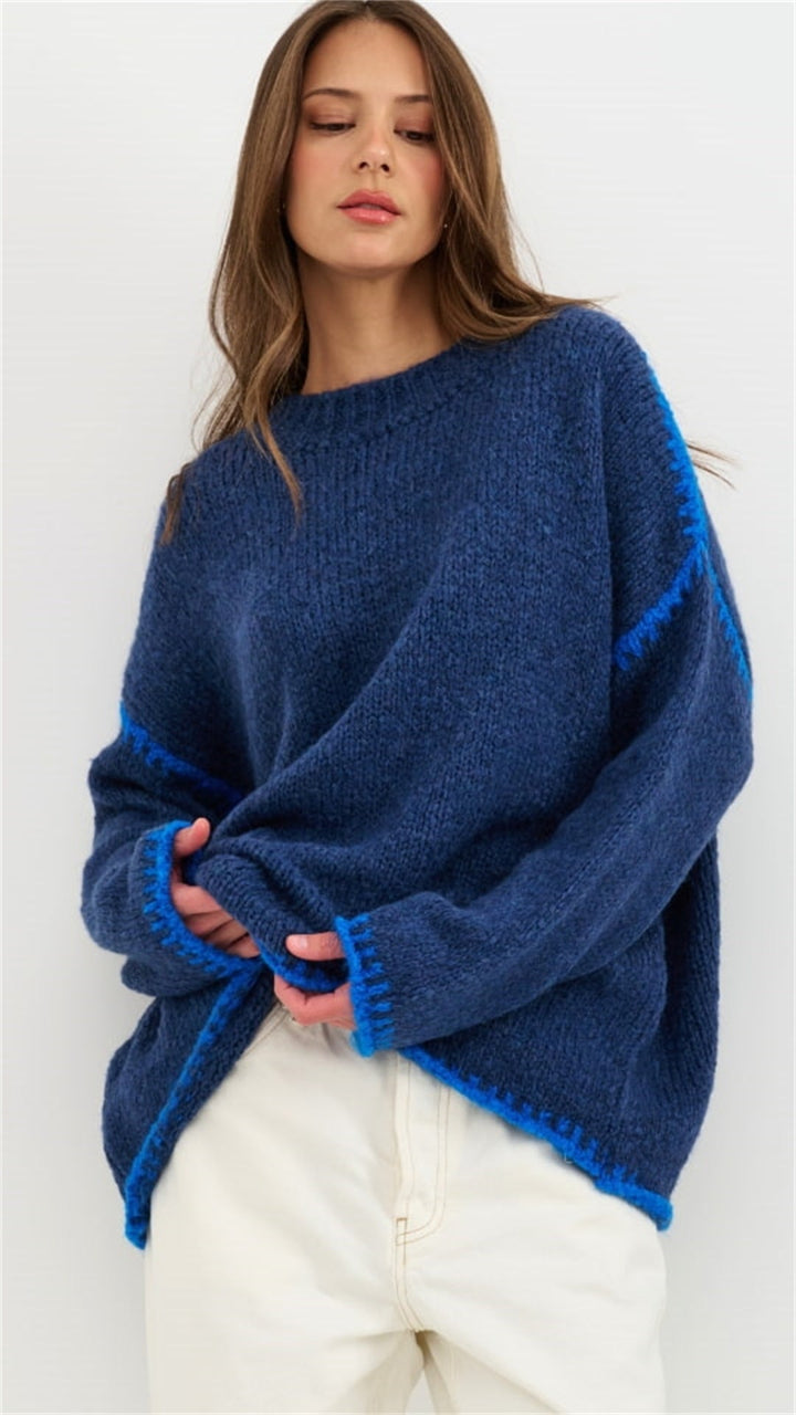 Damen kuscheliger Strickpullover mit kontrastierenden Akzentdetails Drune
