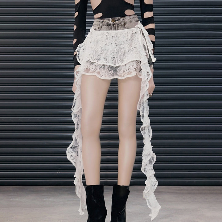 Damen Eleganter asymmetrischer Spitzenspaltröckchen Drune