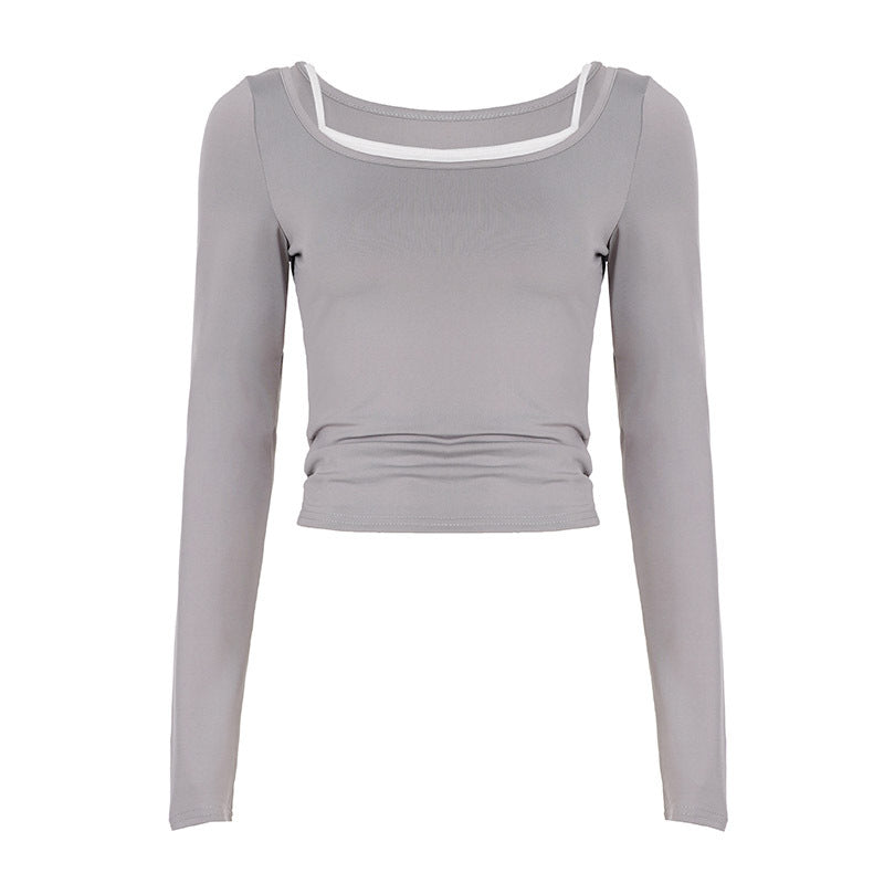 Damen nan tailliertes Longsleeve-Cropped-Top mit eckigem Ausschnitt und doppelten Spaghettiträgern Drune