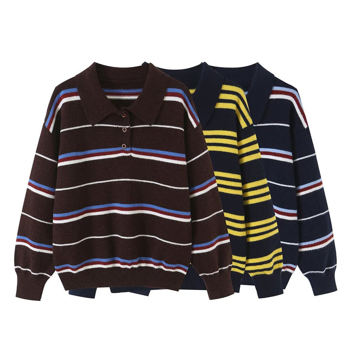Damen Gestreifter Strickpolopullover mit kurzer Knopfleiste und Rippbündchen Drune