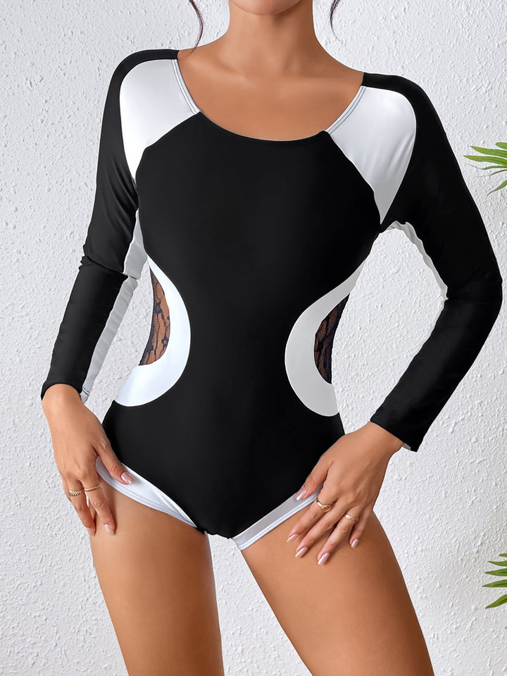 Damen Sportlicher Langarm Badeanzug mit transparenten Einsätzen Drune