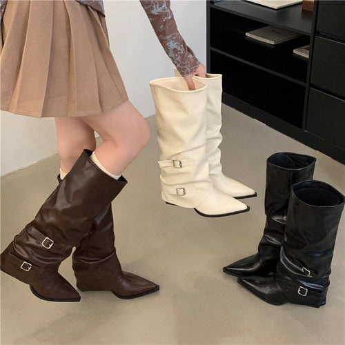 Damen Slouch-Kniehohe Stiefel mit spitzer Zehenform, dekorativen Schnallen und sculpted Blockabsatz Drune