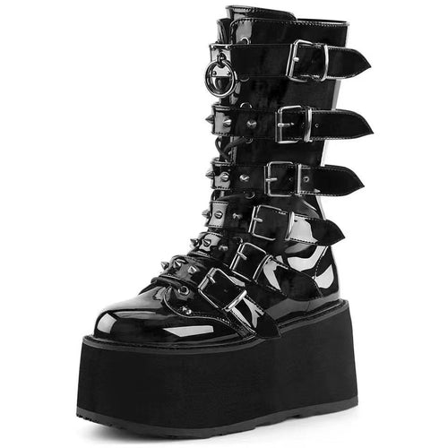 Damen nan hochschaftige Lack-Plateau-Stiefel mit mehrfach verstellbaren Schnallen und herzförmigen Nieten Drune