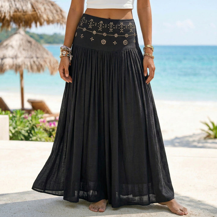 Damen nan maxi-Volantrock mit besticktem Bund und feinen Falten Drune
