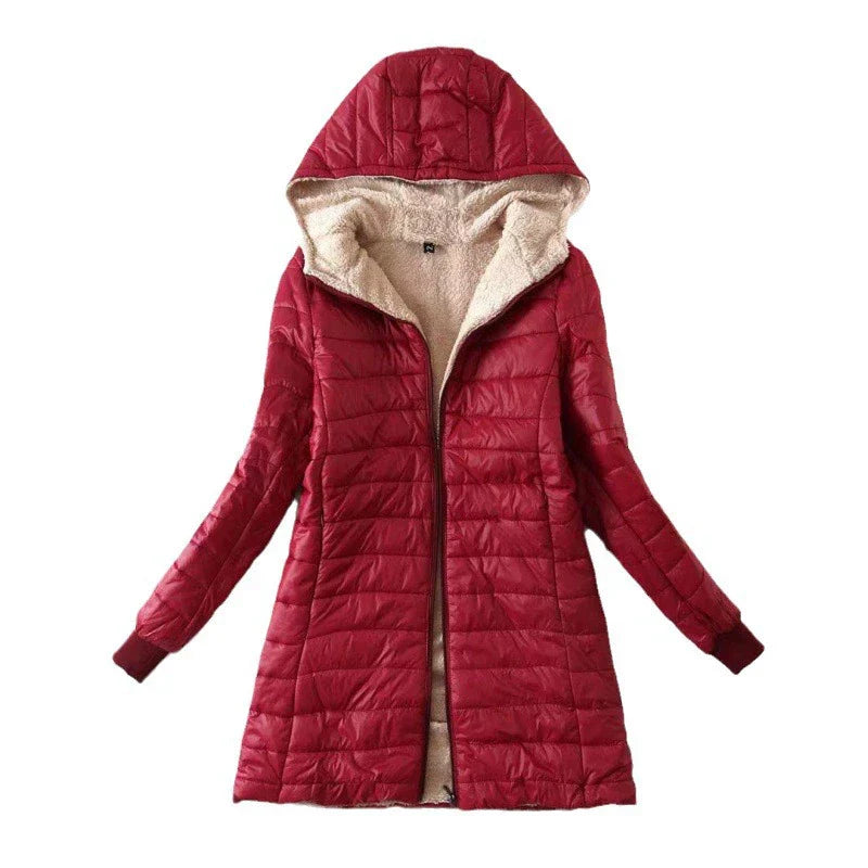 Drune | Damen Pufferjacke – Gepolstertes Warmdesign – Plüschfutter – Kapuze Mittellanger Schnitt