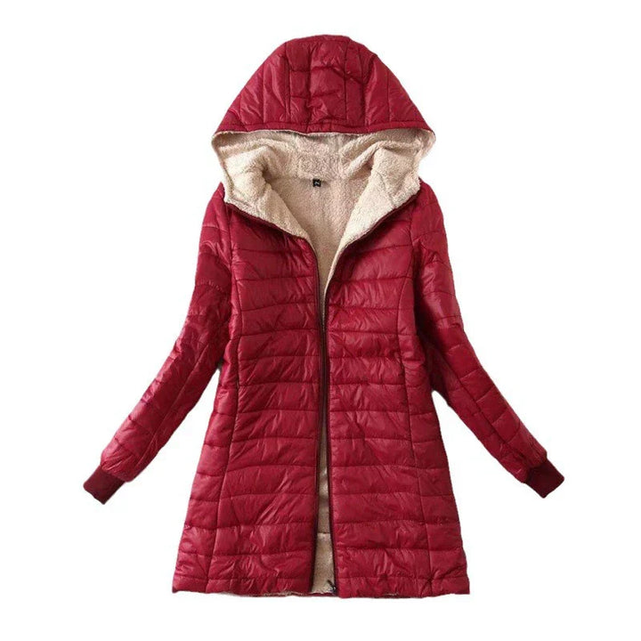Drune | Damen Pufferjacke – Gepolstertes Warmdesign – Plüschfutter – Kapuze Mittellanger Schnitt