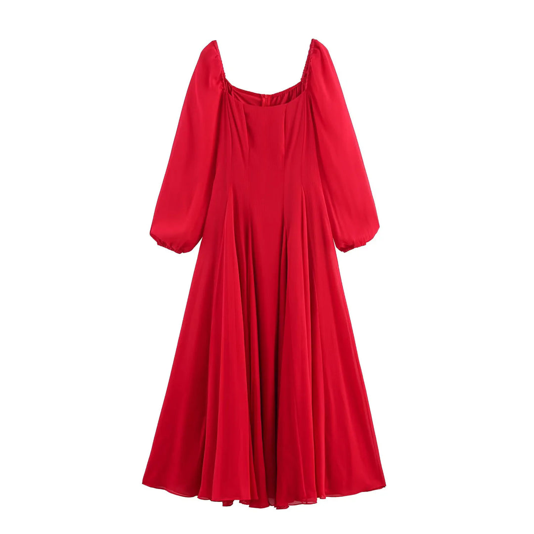 Damen nan langes Abendkleid mit ausgestelltem Rock, voluminösen Ballonärmeln und quadratischem Ausschnitt Drune
