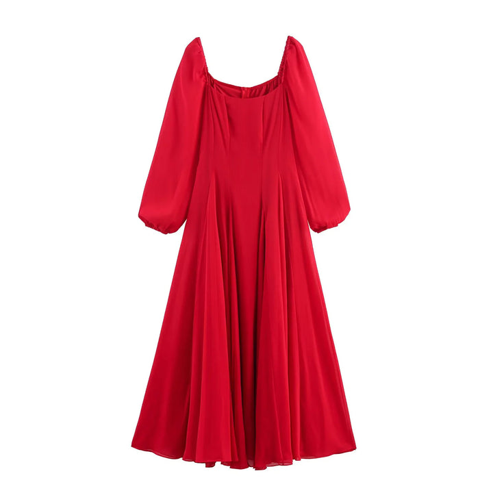 Damen nan langes Abendkleid mit ausgestelltem Rock, voluminösen Ballonärmeln und quadratischem Ausschnitt Drune