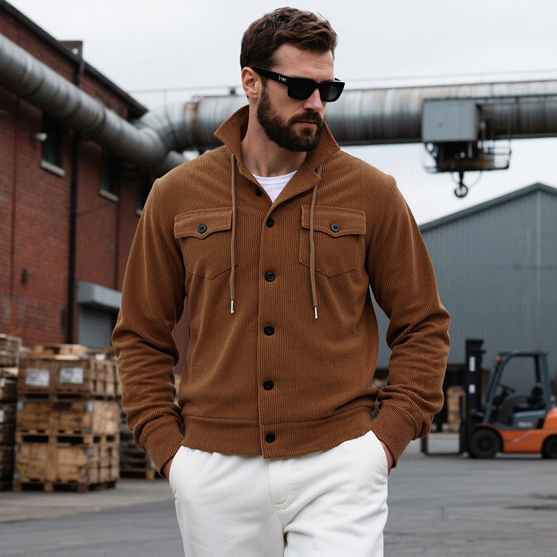 Herren nan gerippte Cord-Überhemdjacke mit Kapuze, Brustklappen und durchgehender Knopfleiste Drune
