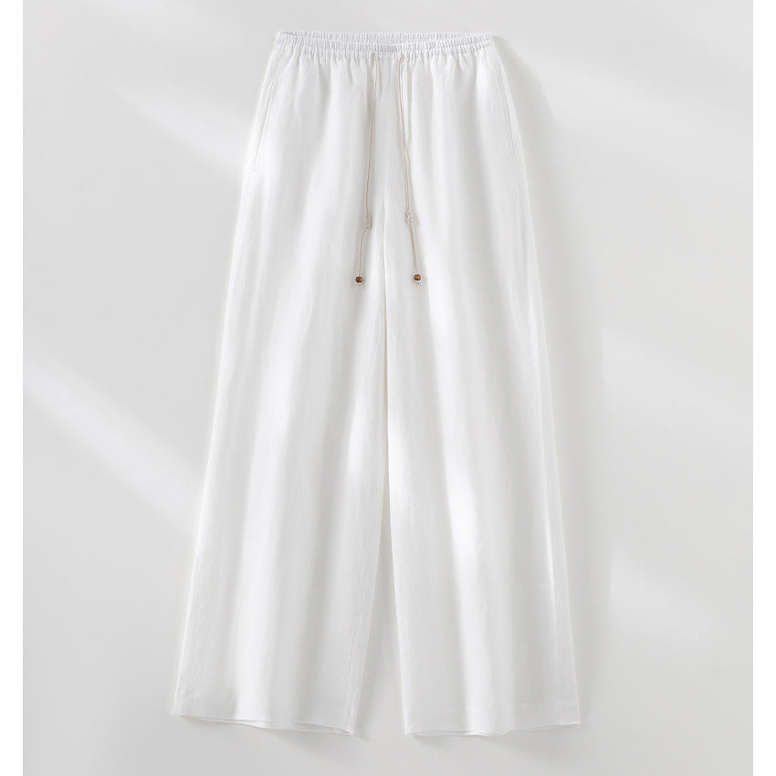 Damen Leichte Hochbund-Loungehose aus Leinenmix mit Tunnelzug und Nadelstreifen-Optik Drune
