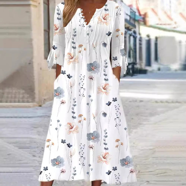 Damen nan fließendes Maxikleid mit V-Ausschnitt, Brustpasse, Volantärmeln und Eingrifftaschen Drune