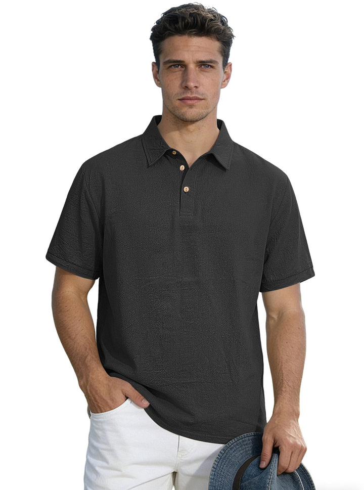 Herren nan legeres Kurzarm-Polo mit Hemdkragen, Kurzknopfleiste und strukturierter Baumwollmischung Drune