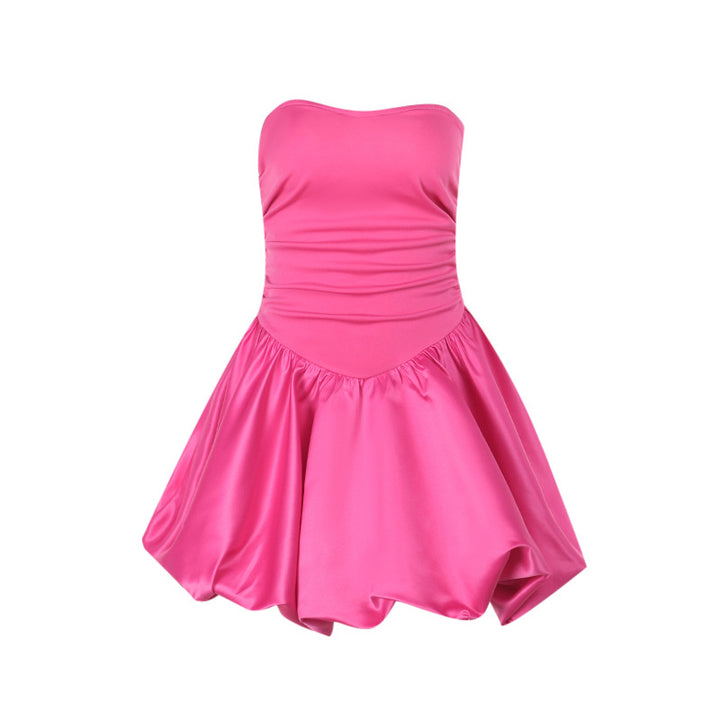 Damen kurzes A-Linien Kleid mit schulterfreiem Design und glatter Satin-Oberfläche Drune