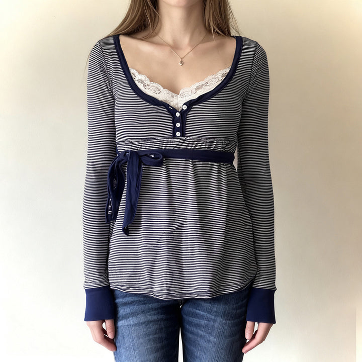 Damen Umstands- und Stillbluse mit Empire-Naht, Knopfleiste und Bindegürtel Drune