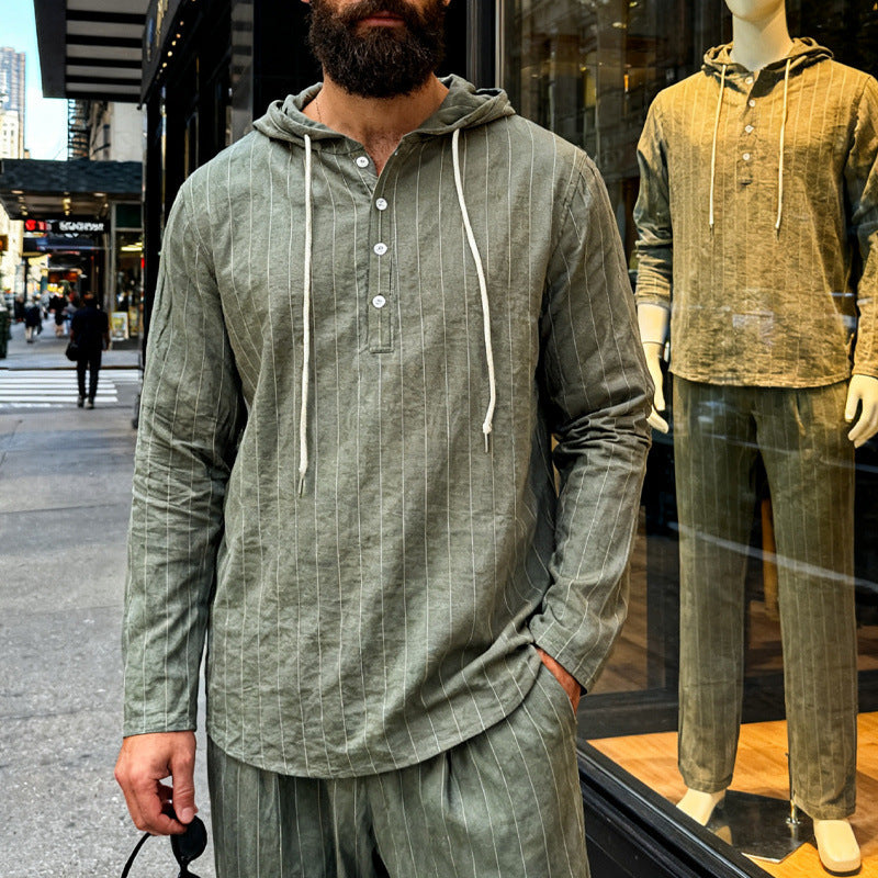 Herren nan Kapuzenshirt aus Leinenmix mit halber Knopfleiste und Nadelstreifen Drune