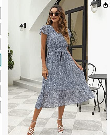 Damen Midi-Kleid mit floralem Design und Taillengürtel Drune
